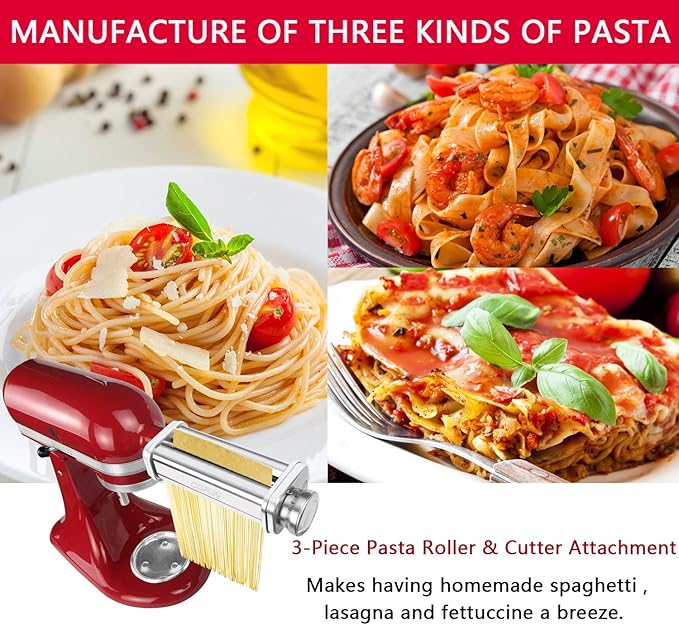 Cofun 3PCS Pasta Attachment for KitchenAid Stand Mixer, 8 Thickness Settings Stainless Steel Pasta Maker with Sheet Roller, Spaghetti & Fettuccine Cutter, Pasta Maker for Kitchenaid Mixer Attachments