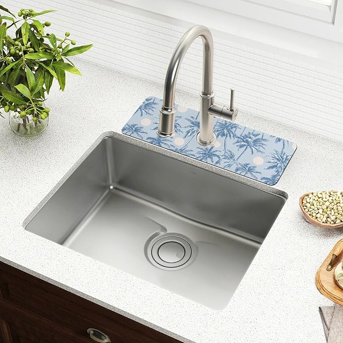 Kitchen Sink Splash Guard 1 PC 30 Inch Sink Faucet Mat Splash Guard for Bathroom Countertop Water Absorbent Foldable Cuttable Soft Washable Light Blue Palm Trees and Sun
