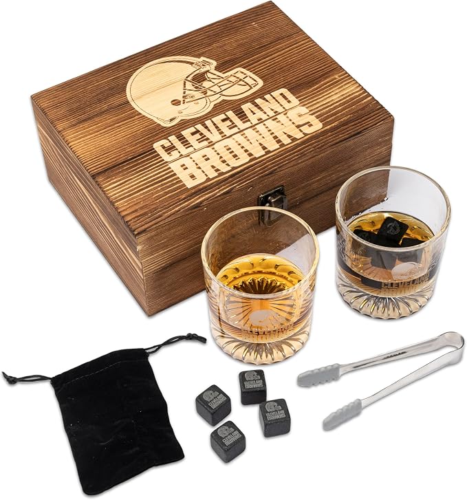 The Memory Company Officially Licensed NFL Wood Boxed Drinkware Set, with 2 Rocks Glasses and Cooling Cubes, Cleveland Browns