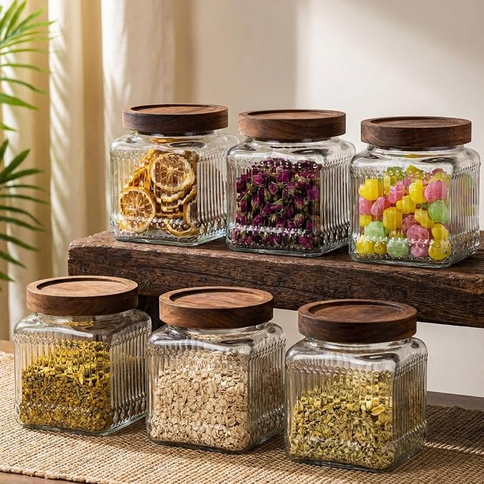 6 Pcs Vintage Glass Storage Jar with Lid 17 oz Glass Containers Stylish Ribbed Pattern Airtight Kitchen Jars Candy Jar for Food Cookies Candy Coffee Tea Beans Grains Storage