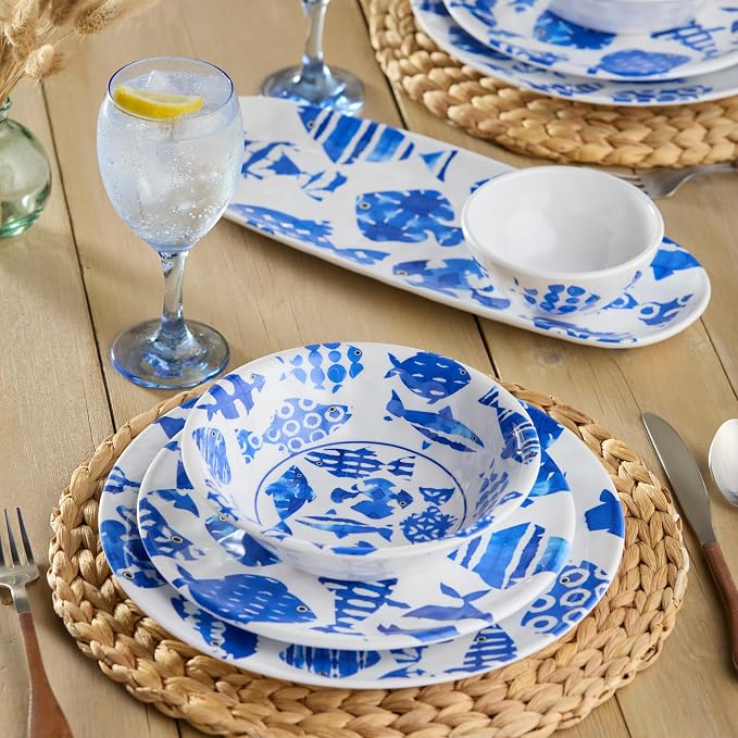 Fish Tale 12 Pc. MELAMINE DINNERWARE SET, SERVICE for 4 – Cobalt Blue Fish School, Outdoor Plates Bowls, Shatterproof Coastal Dining, Poolside Patio Entertaining, Mediterranean Dreams for Every Meal