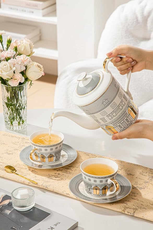 Domini Personalized Architectural Ceramic Tea Cup and Saucer Set,5-piece gift box set with 1 pot, 2 cups and 2 plates