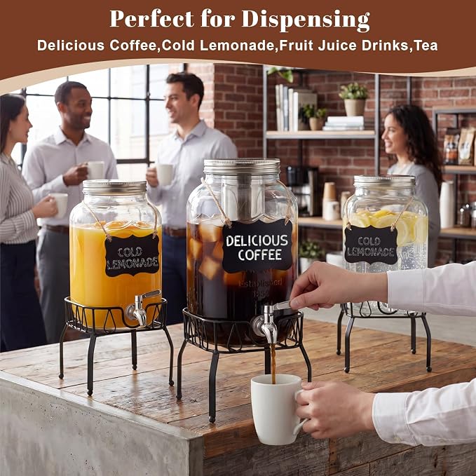 1 Gallon Cold Brew Coffee Maker with Stand, Heavy Duty Glass Iced Coffee Maker & Beverage Dispenser, Thick Iced Tea Pitcher for Fridge with 304 Stainless Steel Filter, Spigot & Lid