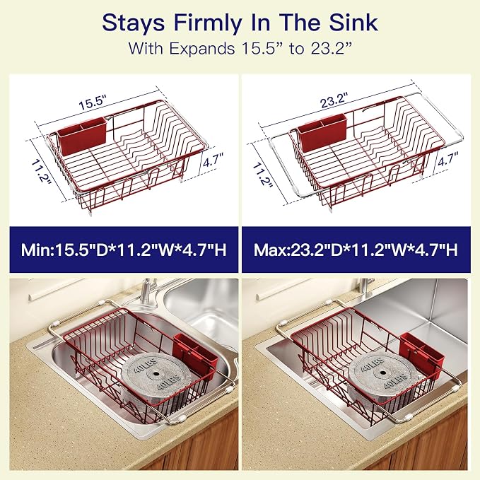 MAJALiS Red Dish Drying Rack Over Sink with Utensil Holder, Drainboard | Expandable Stainless Steel Dish Drainer for Small Kitchen, Apartment, RV, Counter Space Saving, Perfect Fit, Rustproof