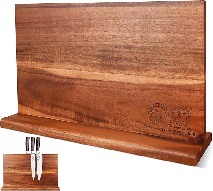 XYJ Magnetic Knife Block, Dual-Sided Strong Magnets, Acacia Wood Extra Large Stable Countertop Design, Kitchen Cutlery Display Stand without Knives