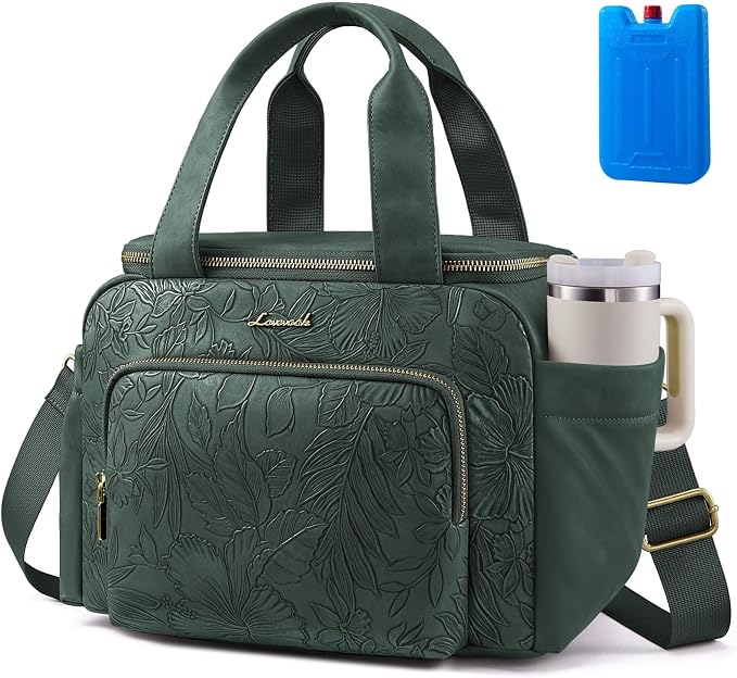 LOVEVOOK Insulated Lunch Bag for Women, PU leather Lunch Box with Shoulder Strap, Wide Opening Adult Large Lunch bags for Work Picnic Beach Family Camping Outdoor Teacher
