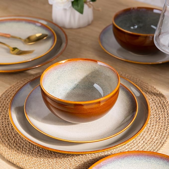 LERATIO Ceramic Dinnerware Sets for 8,Stoneware Plates and Bowls Sets,Handmade Reactive Glaze Dishes Set,Chip Resistant and Scratch Resistant | Oven&Dishwasher & Microwave Safe-Kahki (24PCS)