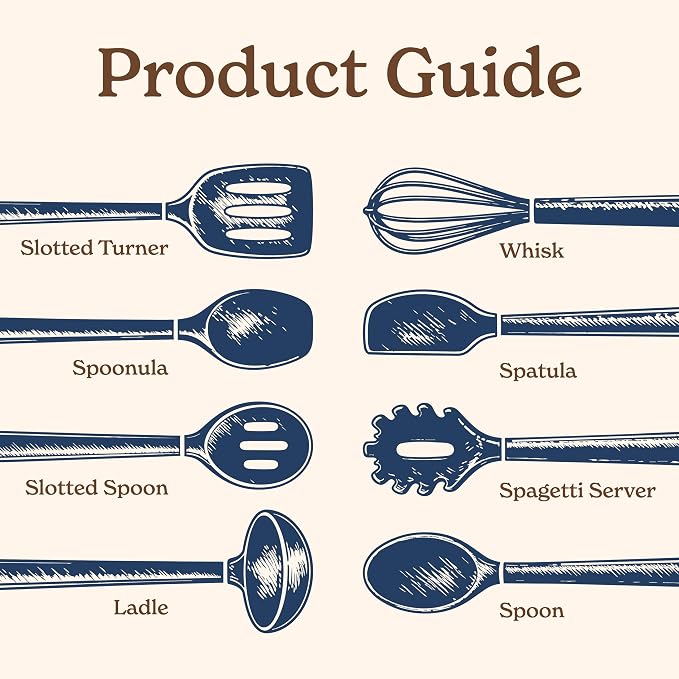 Country Kitchen Non Stick Silicone Utensil Set with Rounded Wood Handles for Cooking and Baking, 8 Piece Set, Navy