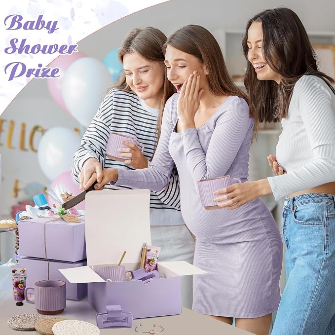 Reallnaive 61 Pcs Baby Shower Prizes for Game Winners Include Ceramic Mug Coaster Hand Cream Pen Spoon Bracelet Hair Clip Card Gift Box with Raffia for Guests Gender Reveal Bridal Shower Party(Purple)