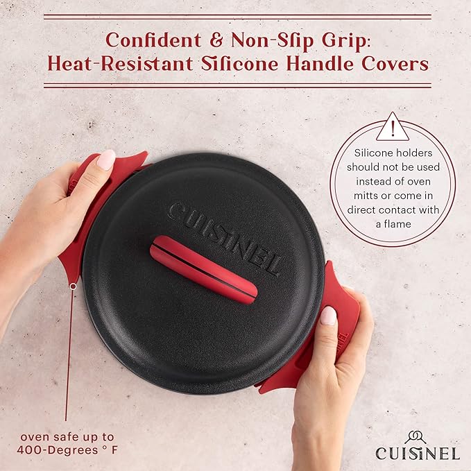Cuisinel Cast Iron Dutch Oven - 3-Quart Deep Pot + Lid + Pan Scraper + Handle Covers - Large Pre-Seasoned Cooker for Baking Bread, Soup, Frying - Indoor/Outdoor - BBQ Cookware. PFAS and PFOA-free