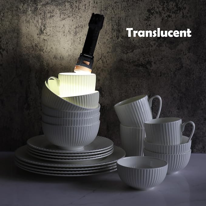 Bone China Dinnerware, 20PC Set, Service for 4, White Embossed, stripe, Microwave Safe, Translucent, Elegant giftware, Dish set, Essential Home, Kitchen Dishes, Dinner Set