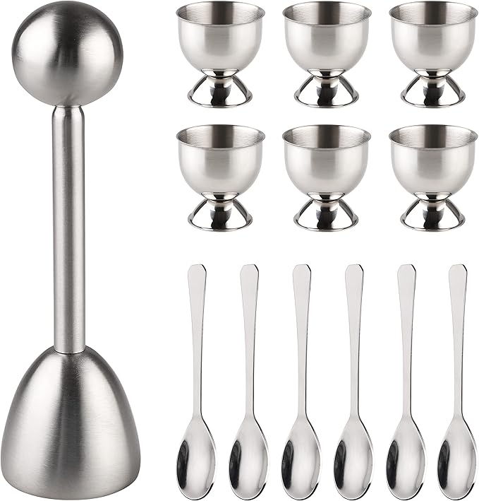 Egg Cracker Topper Set of 13 Egg Cups for Soft Boiled Eggs Tool Set Includes 1 Egg Topper Cracker 6 Egg Cups 6 Spoons (egg cup 13)