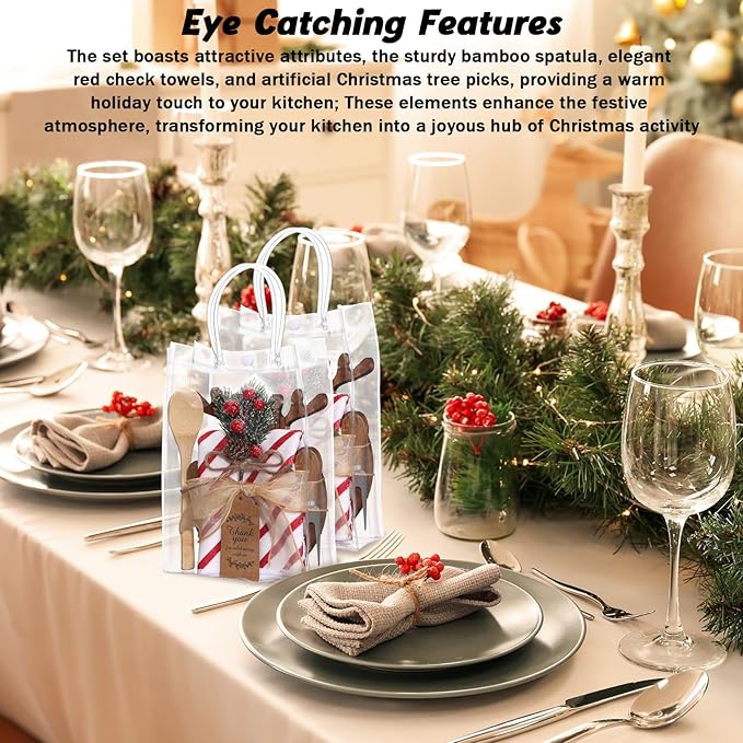 Potchen 6 Set Christmas Kitchen Gifts Wood Cheese Board Fork Spoon Butter Spreaders Dish Cloth Thank You Card Ribbon and Gift Bags for Merry Christmas Cooking Serving Xmas Utensils Gifts (Reindeer)