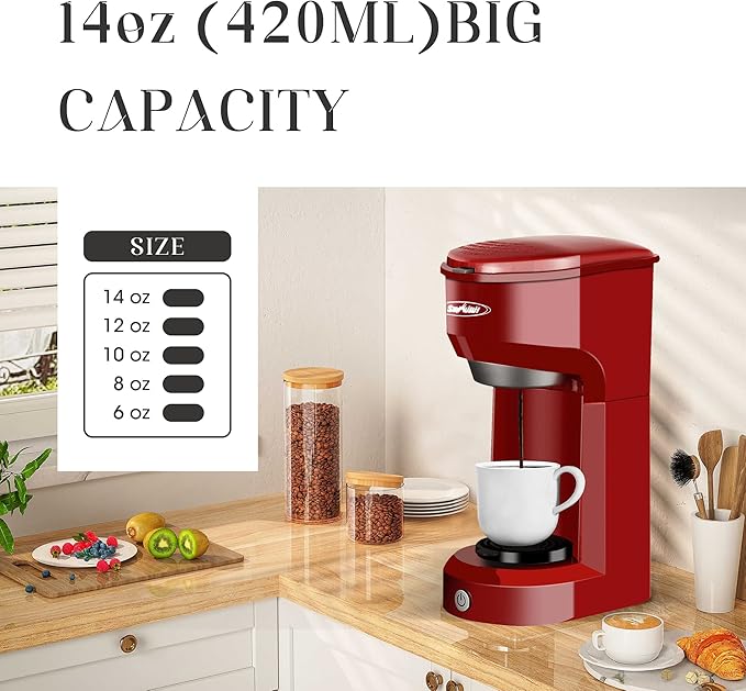 SUNVIVI Coffee Maker, Single Serve Brewer for Single Cup, One Cup Coffee Maker With Permanent Filter, 6oz to 14oz Mug, One-touch Control Button with Illumination,Red (ETL Certified)
