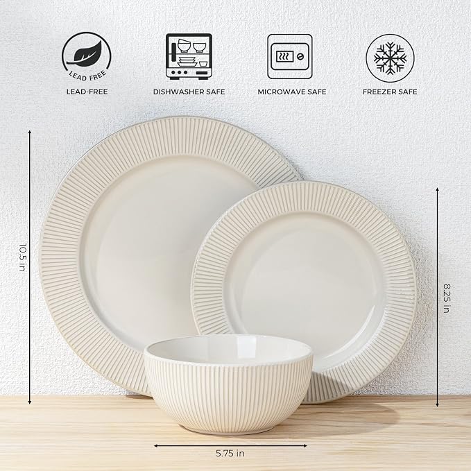 GBHOME Ceramic Dinnerware Sets,12 pcs Embossed Elegant Stoneware Plates and Bowls Sets, Housewarming Wedding Gift | Dishwasher & Microwave Safe | Dishes Set Service for 4