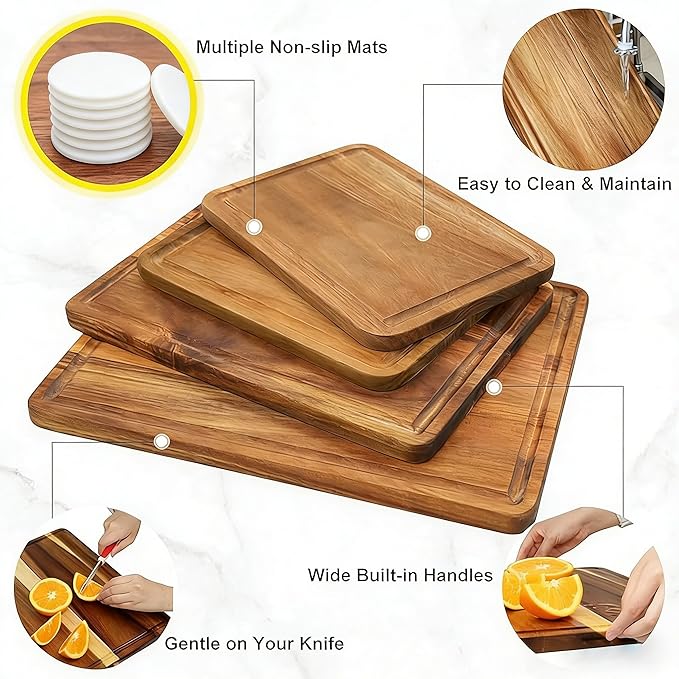 AZRHOM Large Wood Cutting Boards Set of 4 for Kitchen Cheese Charcuterie Board (Gift Box Included) Acacia Butcher Block with Non-slip Mats, Juice Groove and Handles (16x12, 14x10, double 11x8 inch)-4