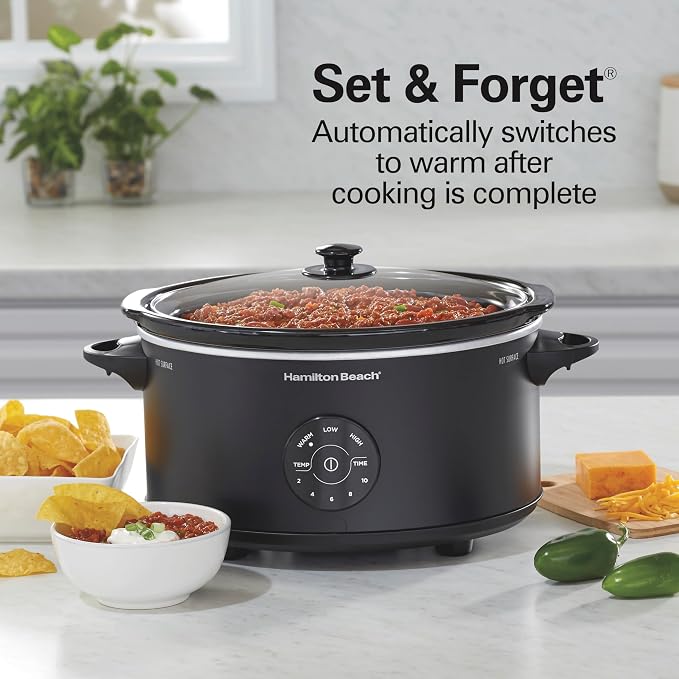 Hamilton Beach 6 Quart Set & Forget Programmable Slow Cooker, 15 Cooking Options With 5 Time and 3 Heat Options, Large Dishwasher Safe Stoneware Crock and Glass, Black (33762)