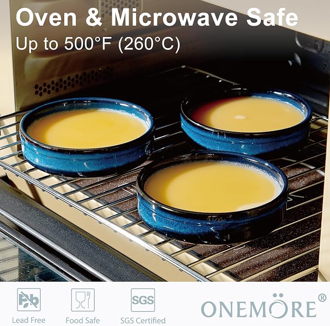ONEMORE 4 oz Ramekins Oven Safe, Ceramic Ramekins for Creme Brulee, Custard, Pudding, Souffle, Blue Shallow Ramekin Dishes, Small Porcelain Ramekin Set of 6 for Baking & Serving