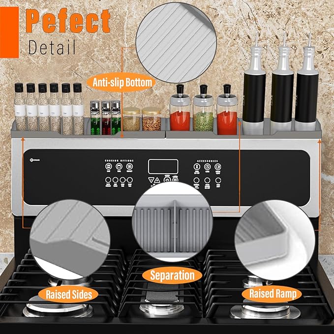 Stove Gap Covers Stainless Steel 2PC(0.08"–0.7"W,13.8"–27.5"L) + 30"(2x15") Magnetic Stove Shelf|2-in-1 Adjustable Counter Gap Filler&Range Organizer|Heat Resistant Bonus Cleaning Brushes&Pads