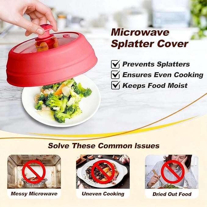 Microwave Splatter Cover - 9.8" Glass Lid with Collapsible Silicone Rim, Universal Pot & Plate Cover for Mess-Free Heating (Red, 9.8inch)