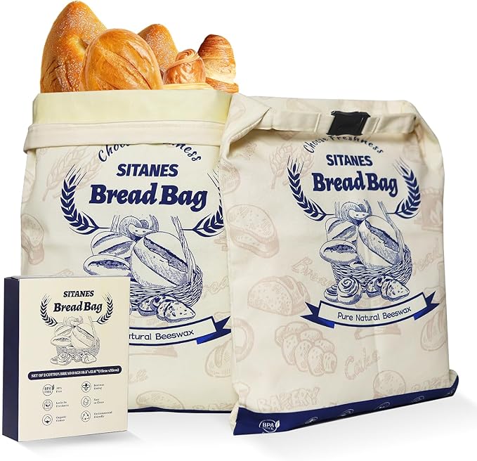 Reusable Beeswax Bread Bags (2-Pack) – 16.5×12.6 Inches, Natural Cotton Bread Bags with Zipper Closure, 10L Large Capacity & Portable Design, Fridge-Safe, for Sourdough & Homemade Food