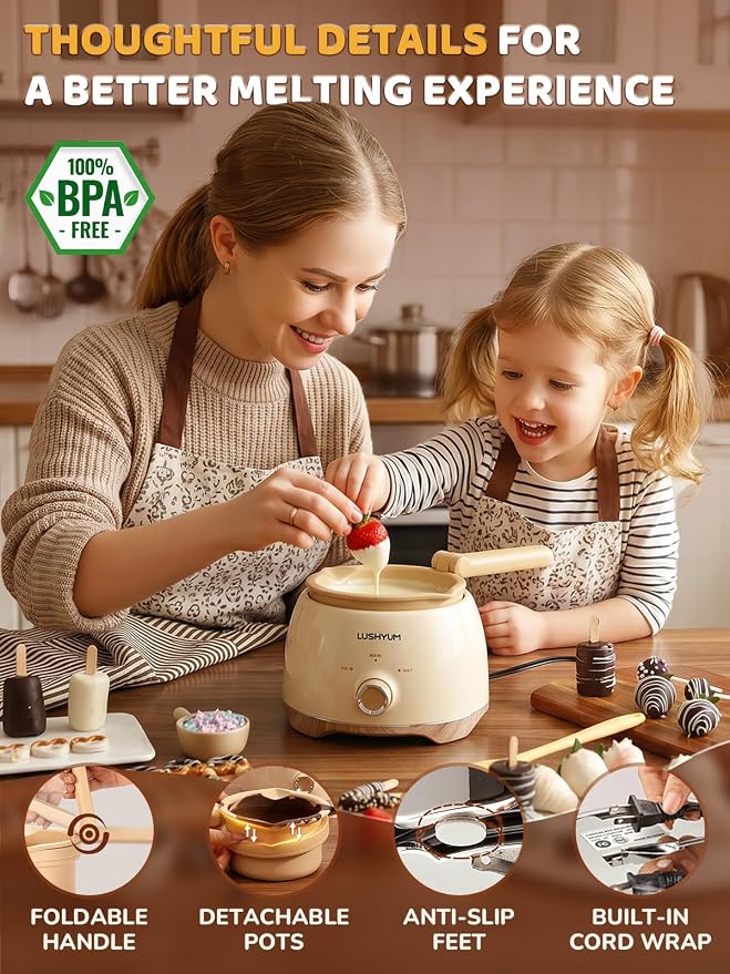 LUSHYUM Electric Chocolate Melting Pot with 2 Insert Pots, 4-Cup Chocolate | Even Heating & Fast Melting, BPA-Free Silicone, Easy Clean, Less Waste, Ideal for Chocolate & Candy Melts, Parties & Fondue