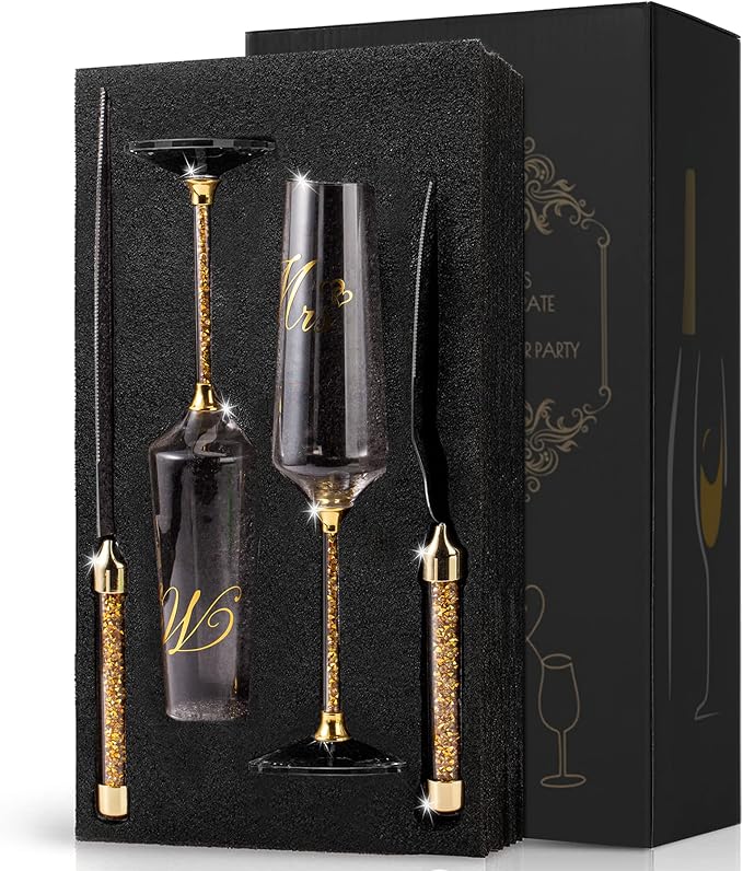 Wedding Cake Knife and Server Set, Champagne Flutes Print Mr and Mrs for Bride and Groom Toasting Glasses Wedding Bridal Shower Gifts