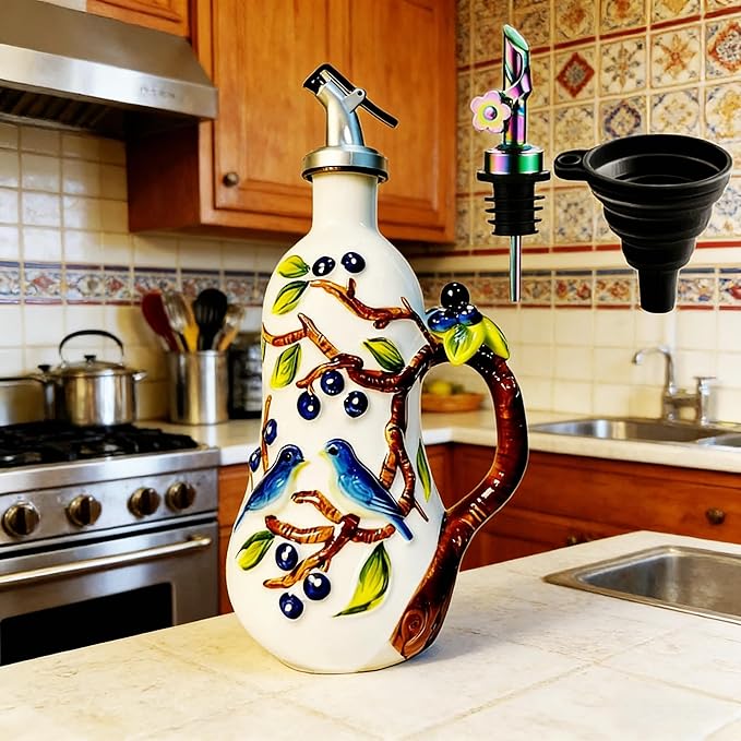Hand-Painted Ceramic Relief Olive Oil Bottle Dispenser, with Handle Decorative Olive Oil Dispenser Bottle, Kitchen Ceramic Oil Vinegar Bottle Seasoning Bottle with Stainless Steel Spout & Funnel