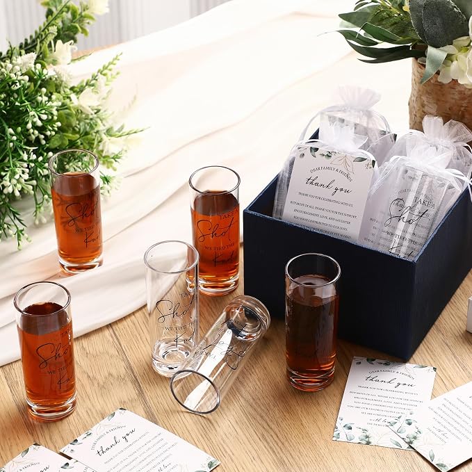 Sliner 24 Set Wedding Favors for Guests Bulk 2oz Acrylic Take a Shot We Tied the Knot Shot Glasses with Thank You Cards Organza Bags for Guest Souvenir Wedding Bridal Shower Gifts (Clear,Black)