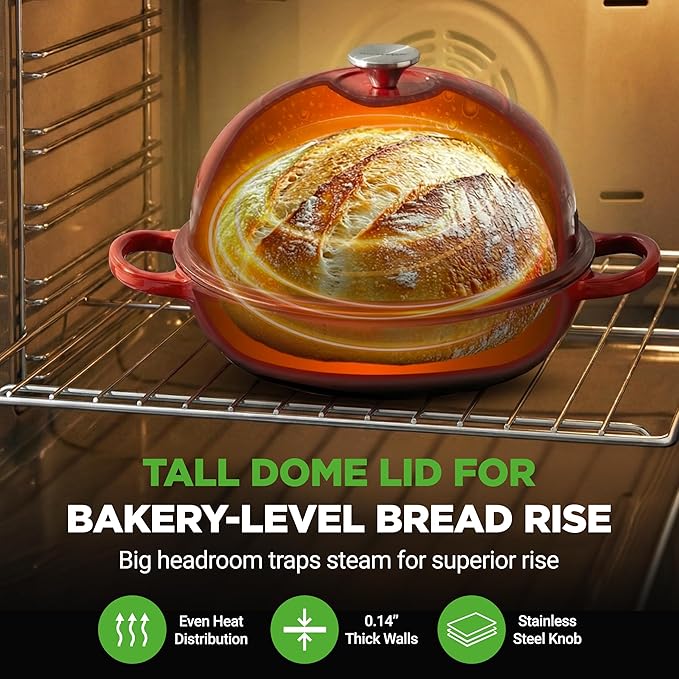 NutriChef 10.2" Enameled Cast Iron Bread Oven, Dome-Shaped Sourdough Baking Pan with Handles & Silicone Gloves, Oven-Safe to 500°F, Dishwasher Safe Dutch Oven Bread Pan (Red)