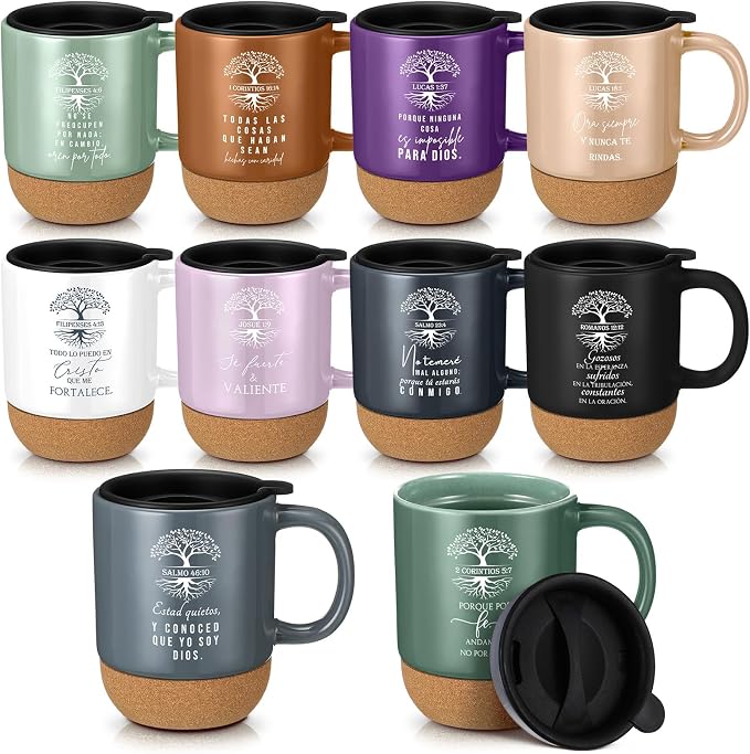 Jingmore 10 Pcs Christian Gift Bulk Religious Mugs with Bible Verse Coffee Cup 15oz for Teacher Nurse Women Men Church Member Employee Mom Dad Clergy Pastor(Spanish Tree of Life)