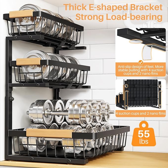 PXRACK Under Sink Organizer, 3-Tier 2-Pack Adjustable Height Pull Out Under Cabinet Organizer, Slide Out Thickened Metal Under Sink Storage for Kitchen Bathroom Laundry Pantry Organization, Black