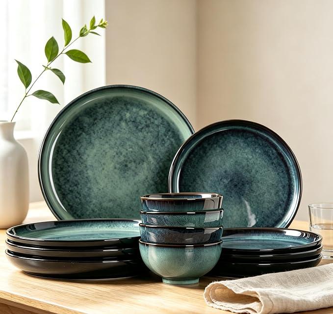 Ceramic tableware set, suitable for 4-piece and 12 piece hand-painted glazed dish and bowl sets, scratch resistant tableware sets, ovens, microwaves, and dishwashers, safe and green