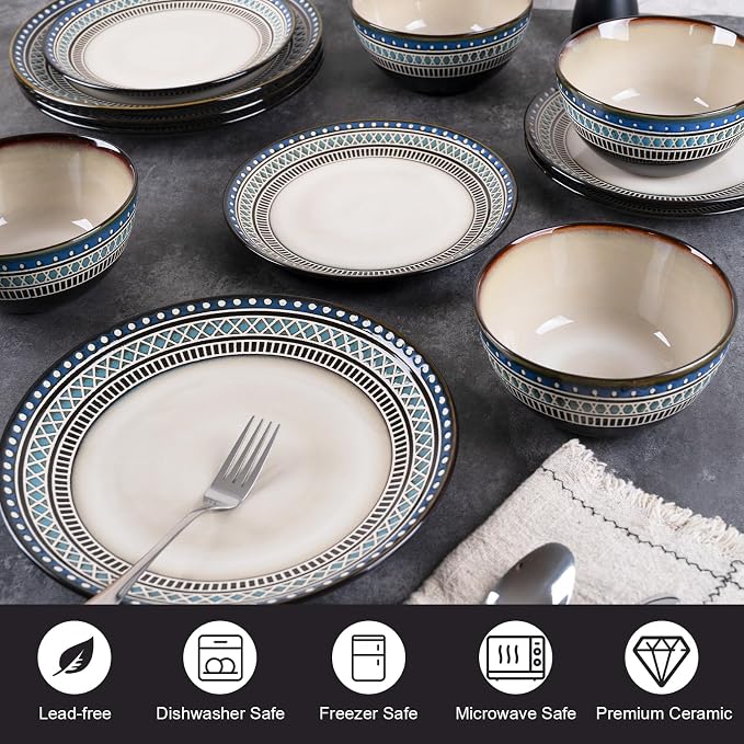 12 Piece Dinnerware Set for 4, Vintage Blue White Handmade Stoneware Plates and Bowls, Hand-Carved Relief with Geometric Pattern, Dishwasher Microwave Oven Safe, Scratch Resistant Dish Set