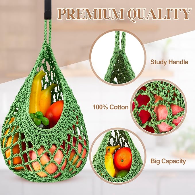 Honeydak Boho Decor Hanging Wall Baskets for Kitchen 3 Pack Teardrop Baskets with Hooks Storage Fruit Onion Vegetable Potato for Home 3 Sizes(Spring Color,Crochet,Cotton Rope)
