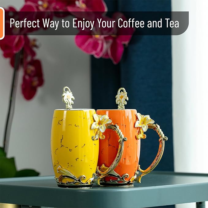 BTaT- Floral Ceramic Mugs with Spoon, Set of 2, Yellow and Orange, Fancy Coffee Mugs with Spoon