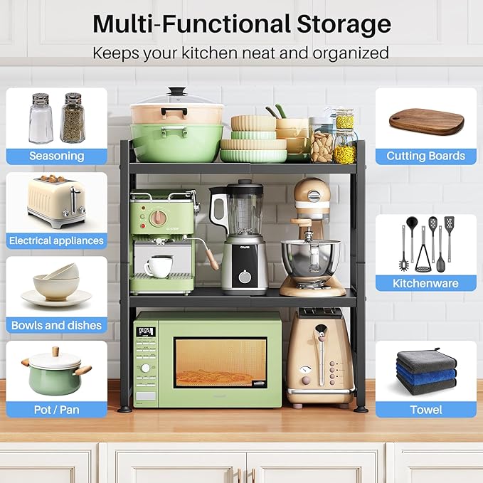 Expandable Microwave Stand, Heavy Duty 3-Tier Adjustable Microwave Oven Rack Shelf with 8 Hooks & 2 Holders, Space-saving Kitchen Counter Shelf for kitchen organizers and storage, 200lbs Capacity