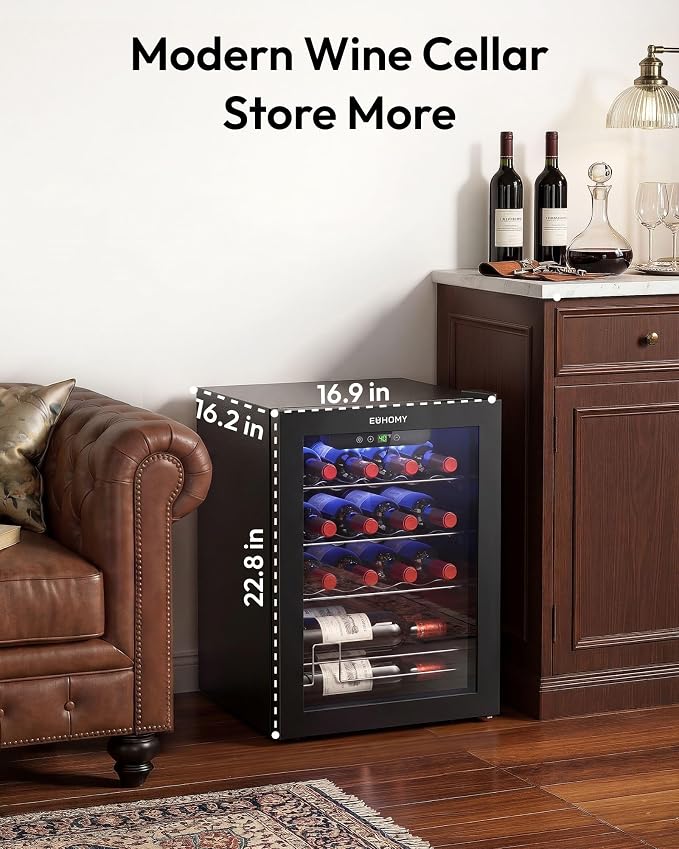 EUHOMY 16 Bottle Wine Cooler Refrigerator, Compressor Wine Fridge with Glass Door, Freestanding Wine Cellar with Digital Temp Control & LED Light for Red White Wine Beer Home Bar Office, 1.7 Cu.Ft