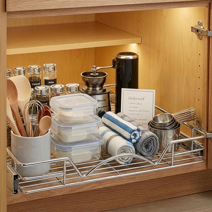HOLDN’ STORAGE Pull Out Cabinet Organizer - Heavy Duty Steel with Smooth Slide-Out Drawers, Chrome Finish - 14" W x 17" D Basket, Fits 15.25" Cabinet Opening
