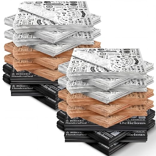 Outus 1800 Pcs 12 x 12 Inch Deli Wax Paper Sheets Grease Resistant Tray Basket Liner Newsprint Paper Water and Grease Proof Sandwich Wrapping Square Hot Dog Wrapper for Food Baking (White,Black,Brown)