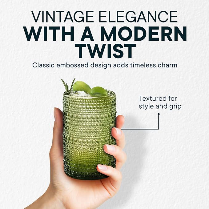 15 Oz Hobnail Drinking Glasses, Green, Set of 12 | With Straws, With Coasters