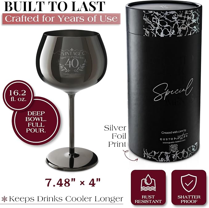 Gusto Nostro 40th Birthday Wine Glass - Classy 40th Birthday Gifts for Women or Men - Stainless Steel Wine Glass with Engraved Vintage Forty Bday Quote, Luxury Box - Bday Gift for 40 Year Old Woman