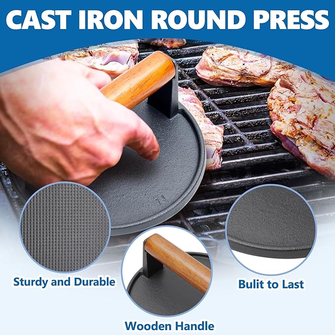 SafBbcue Round Cast Iron Smash Burger Grill Weight Press Tool & Griddle Steamer Melting Dome 12" Round Stainless Steel Basting Cover for Blackstone Griddle, Griddle Food Cover Dome for Flat Top Grills