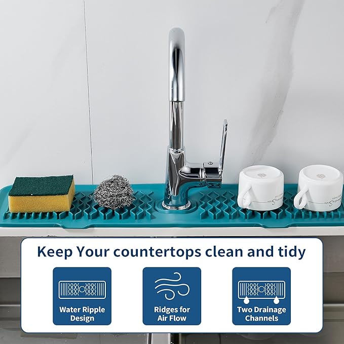 24inch Kitchen Sink Splash Guard Green Draining Mat Dish Drying Mats Sponge Holder and Bathroom Countertop Protect Kitchen Sink Splatter Screen Faucet Splash Guard Faucet Air Drying Mat