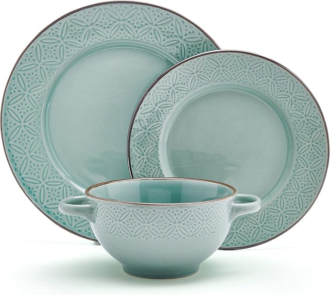 Pfaltzgraff Kori 12 Piece Dinnerware Set with Double Handled Bowl, Service for 4, Sage