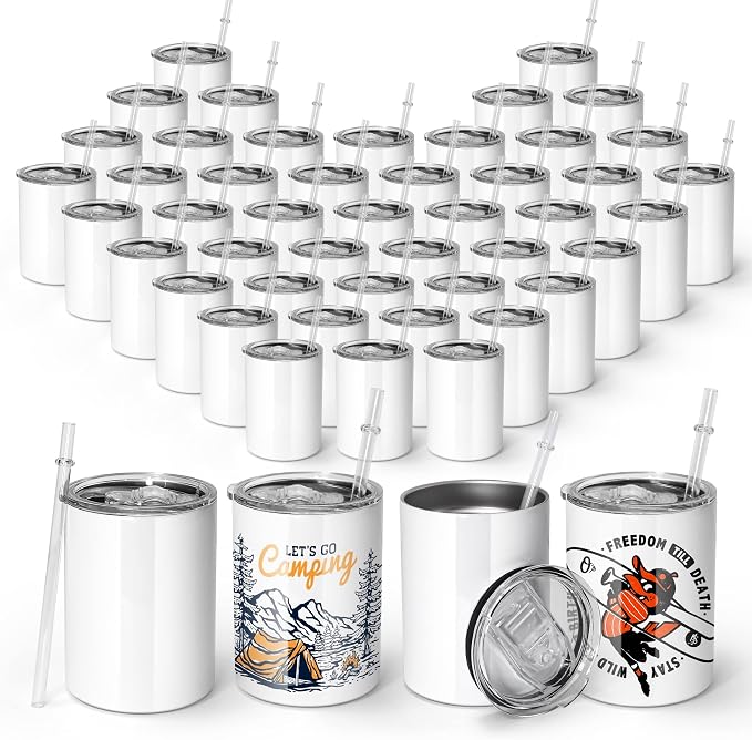 AGH 10OZ sublimation wine tumblers blanks, 50Pack Straight Stainless Steel Tumblers with Lids and Straw, Double Wall Vacuum Insulated Cups Water Tumbler for Hot & Cold Drinks