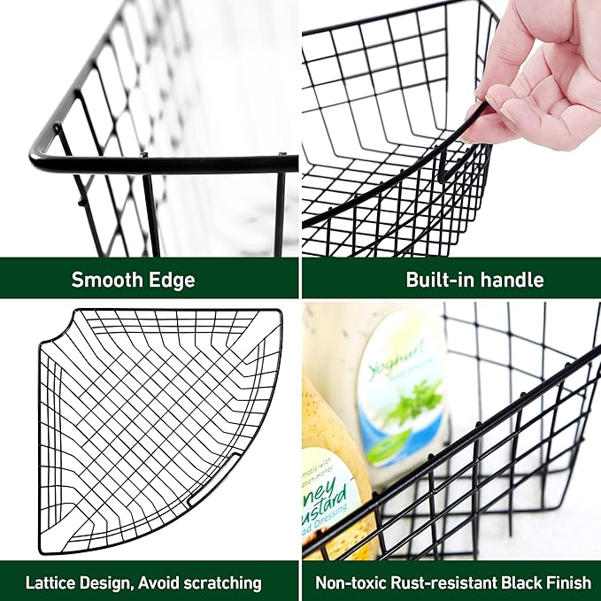 Leeden Lazy Susan Organizer Basket for 24" Diameter Turntable -Metal Organizing Storage Bins (2 Packs) - Black Kitchen Cabinet Storage Organizer - 1/4 Wedge Can Organizer