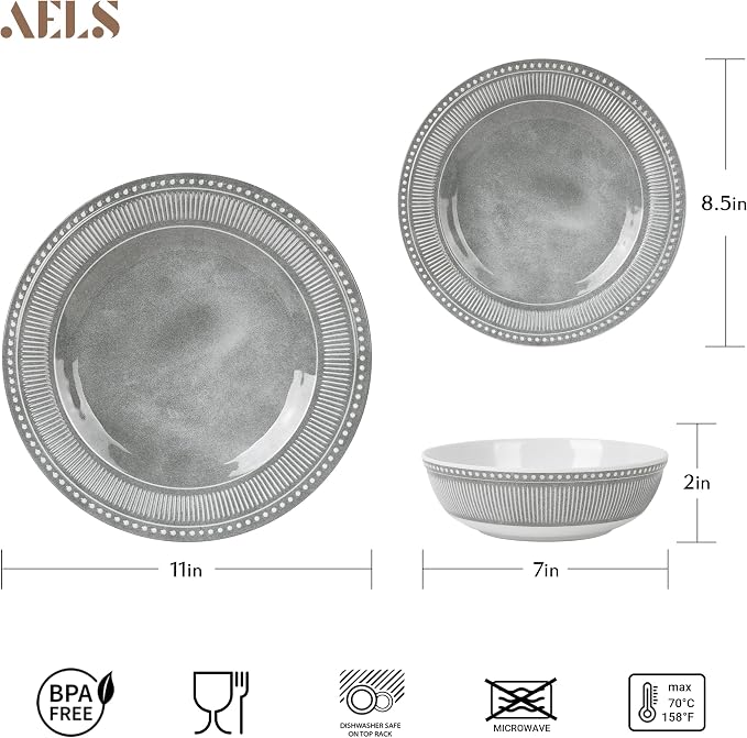 AELS Melamine Dinnerware Set of 18 Pcs, Dinner Dishes Set for Indoor and Outdoor Use, Melamine Plates and Bowls Set for 6, Dishwasher Safe, Lightweight Unbreakable, BPA Free, Gray
