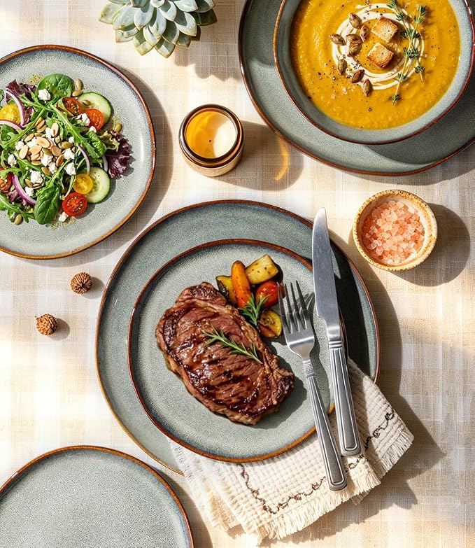 GBHOME Stoneware Dinnerware Sets for 4, 12 Pieces Rustic Earthenware Plates and Bowls Set, Handmade Reactive Glaze Ceramic Plate Sets, Chip Resistant Dishes, Microwave & Dishwasher Safe, Earthy Sage