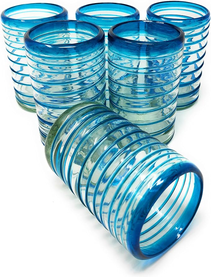 Dos Sueños Hand Blown Mexican Drinking Glasses – Set of 6 Glasses with an Aqua Spiral Design (14 oz each) …